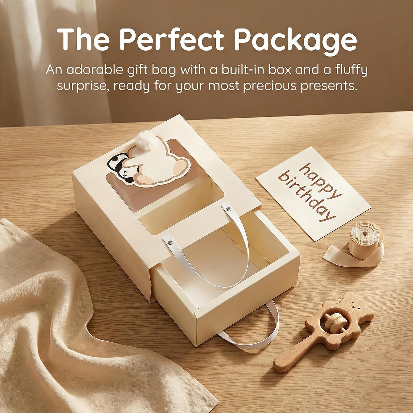 Premium Reusable Gift Bag with Matching Box, Durable Birthday Present Bag, Premium Paper Set for Wedding, Valentine's Party, Friends Celebration (Beige 1pack) BST202