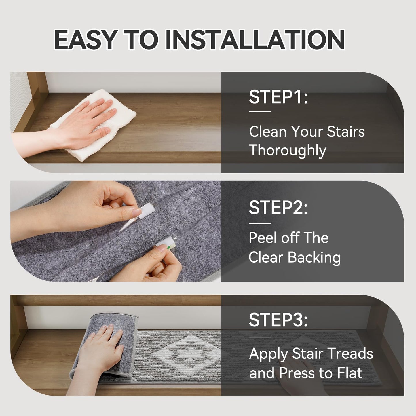 YDKGL Stair Treads Non Slip Indoor 4PCS, Rubber Backing Stair Runner Rugs for Wooden Steps, Residue Free Stair Carpet Treads for Kids Elders and Pets, Machine Washable Stair Mats, Gray, 8" x 30" WN420