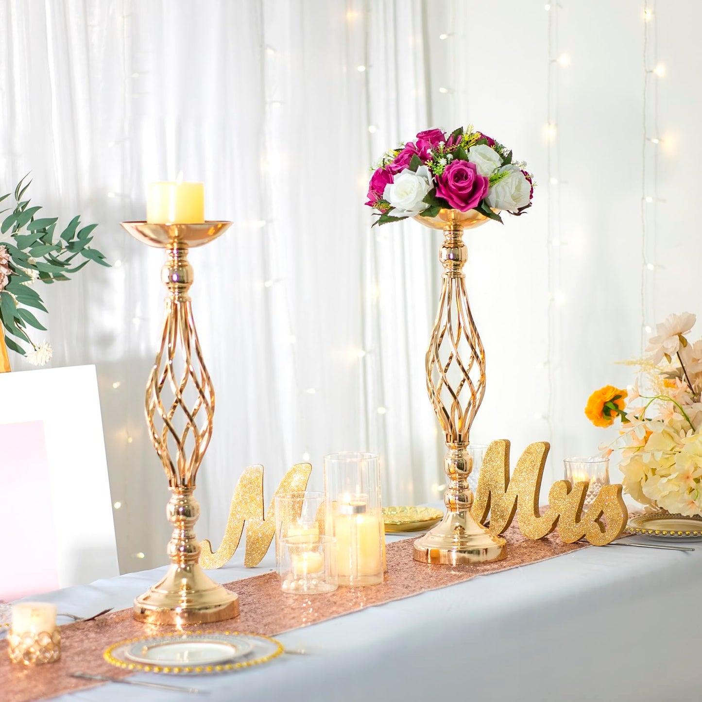 2pcs Metal Silver Candle Holders Road Lead Table Centerpiece Stand Pillar Candlestick for Wedding Candelabra Flowers Vases WN420