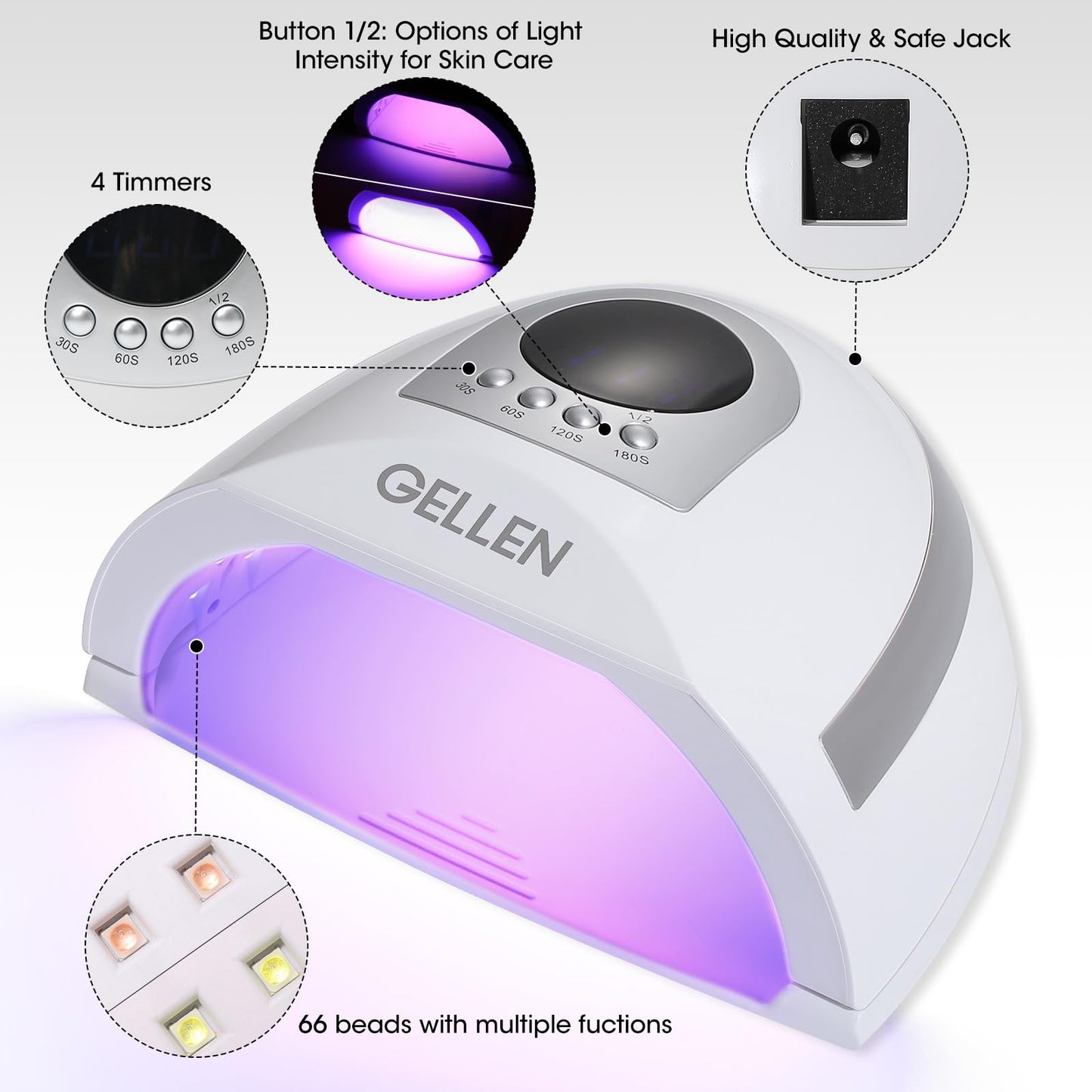 Gellen UV Nail Lamp, 268W UV LED Light for Nails of Finger Toe, Professional Fast Curing Nail Dryer for Gel Nail Polish, 66 LED Beads and 4 Timers