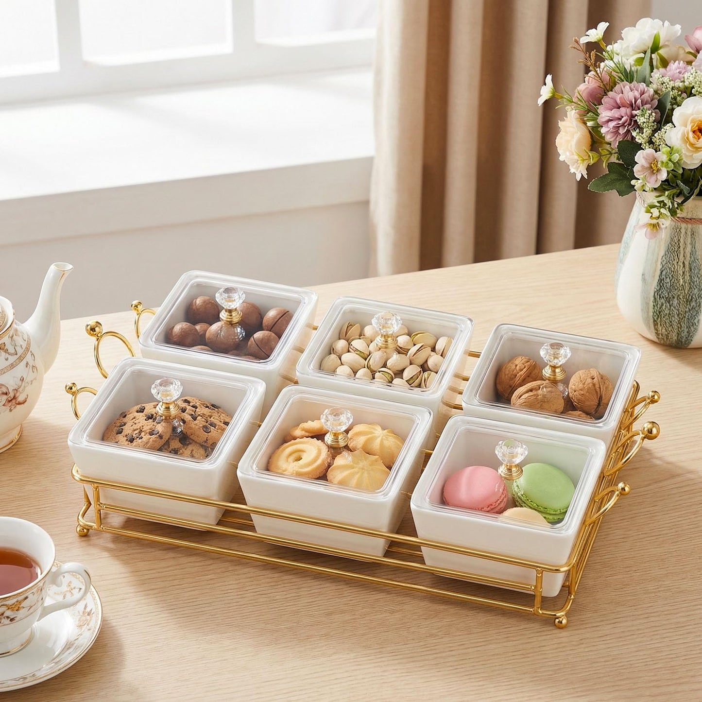 YA JU Ceramic Bowls and with Lid Gold Basket Trays, 4 Removable Small Bowls Condiment Trays Nut Serving Set for Snacks, Fruits, Candy and Condiments - Great for Parties, Holiday Gifts,White BST202