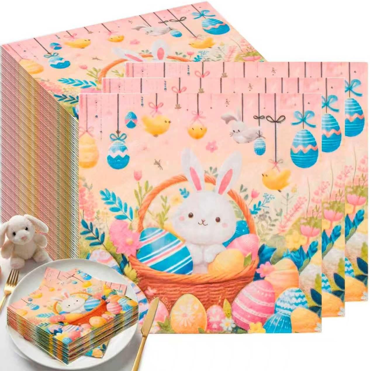40 Pack Disposable Paper Napkins,Soft Absorbent Biodegradable Cocktail Napkin, Floral Egg Decorative for Spring Celebrations Picnic Kids Birthday BST326H