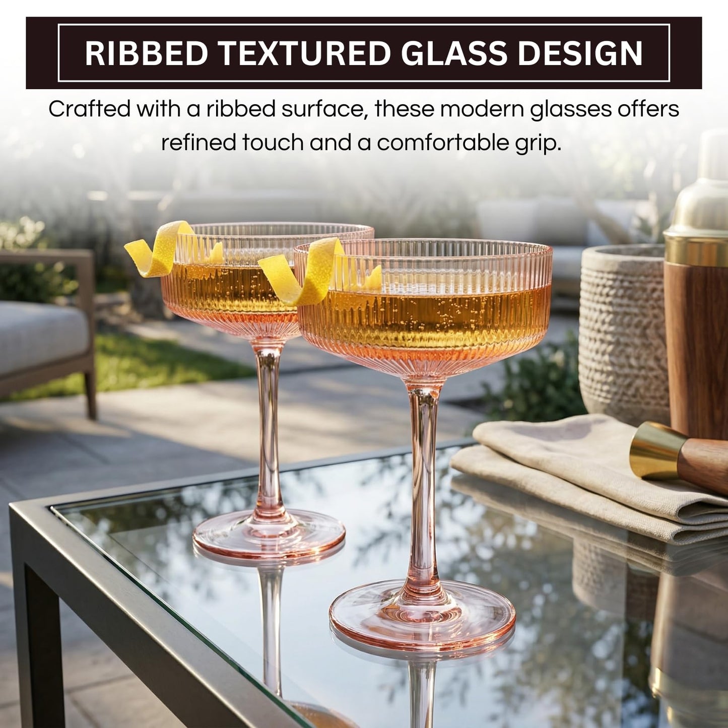 Khen Pink Peach Acrylic Ribbed Coupe Martini Champagne Cocktail Glasses, Set of 4, 8 oz Shatterproof Ripple Stemware European Style Reusable Drinkware Goblets, Indoor Outdoor Parties Weddings Bar Gift BST220