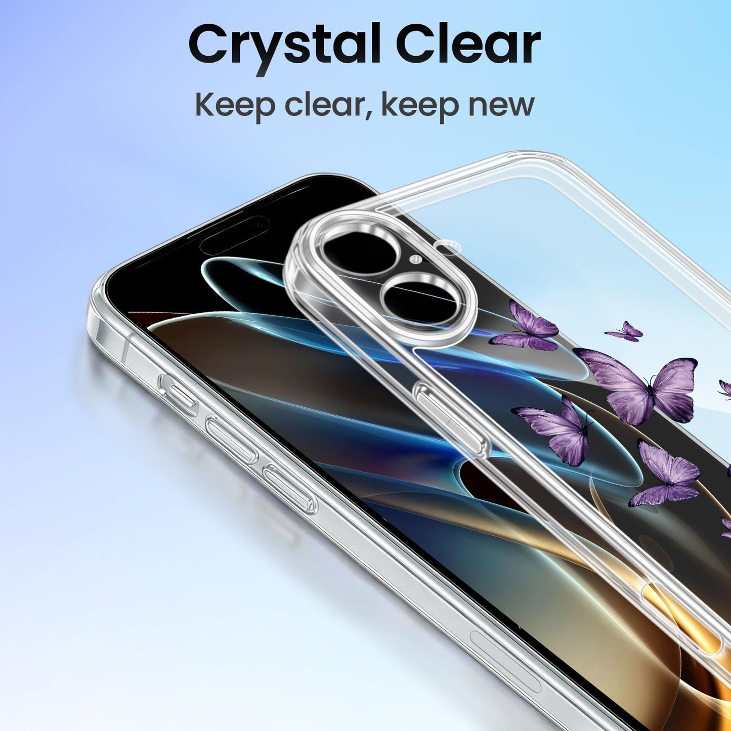 Cute Girly Crystal Clear Case Compatible with iPhone 16 Pro, Camera Control & Shockproof Protection Floral Case for Women, Blue Butterflies WN420
