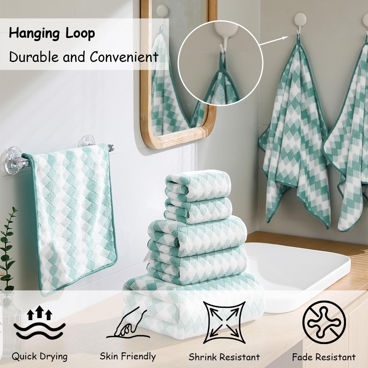 12 Pcs Light Gray Diamond Towel Set-4 Bath Towels,4 Hand Towels,4 Washcloths Soft Polyester Towels with Loop Absorbent Shower Towel Quick Dry Beach Chair Towel Family Towels for Bathroom Spa Gym Pool BST220