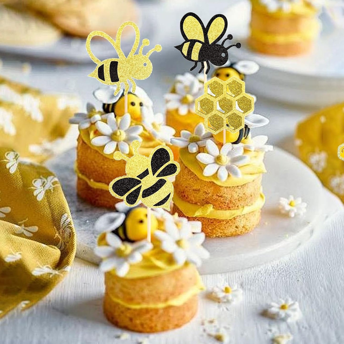 24 PCS Bumble Bee Cupcake Toppers Glitter Heart Honeycomb Bee Cupcake Picks BaBy Shower Cake Decorations for Bee Theme Baby Shower Kids Birthday Party Supplies WN420