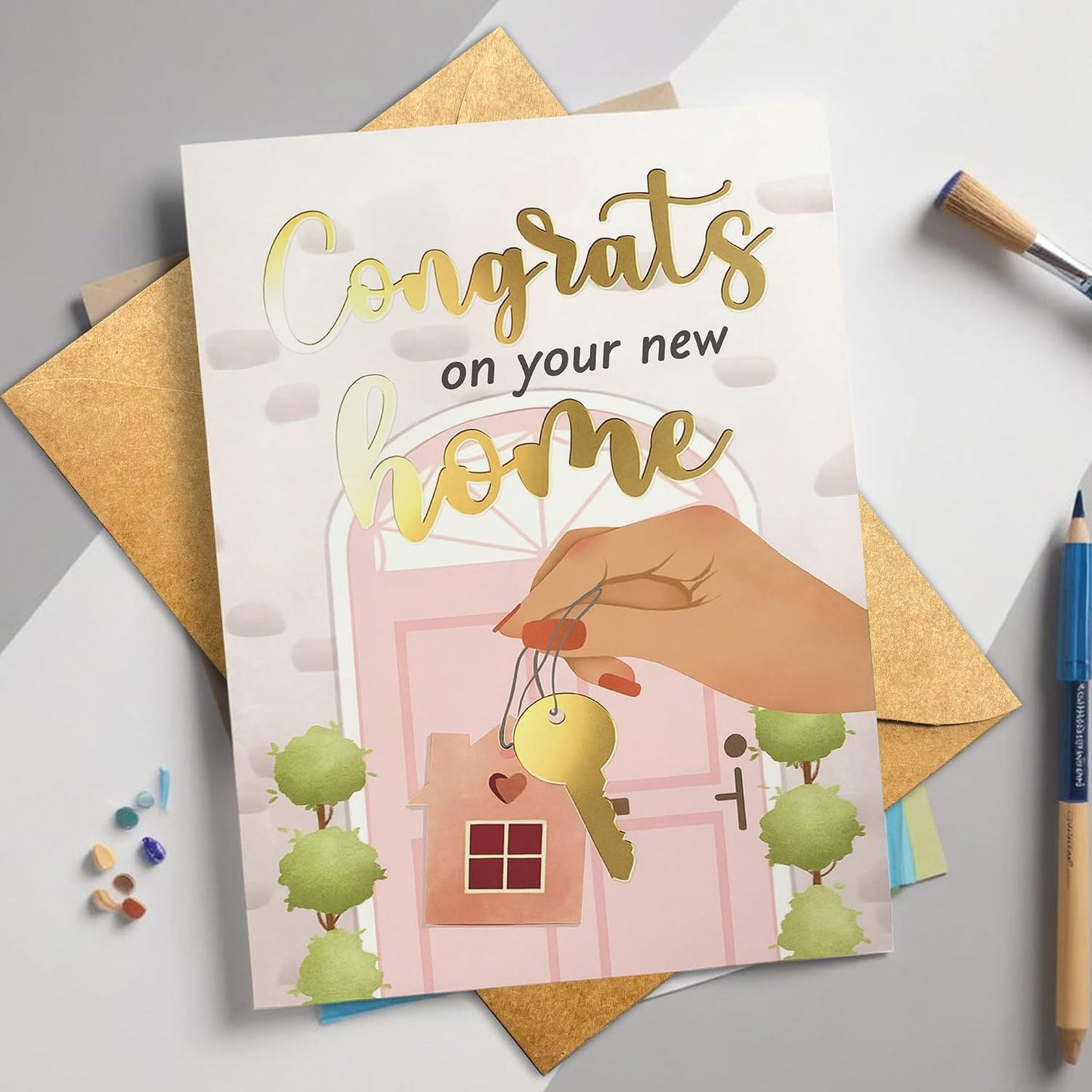 Congrats on Your New Home Housewarming Greeting with Gold Lettering and Key Design, Funny Congratulations Gift for New Homeowners, First-Time Buyers, Friends, Neighbors, Real Estate Clients Single 5.3''x8'' with Envelope BST326L