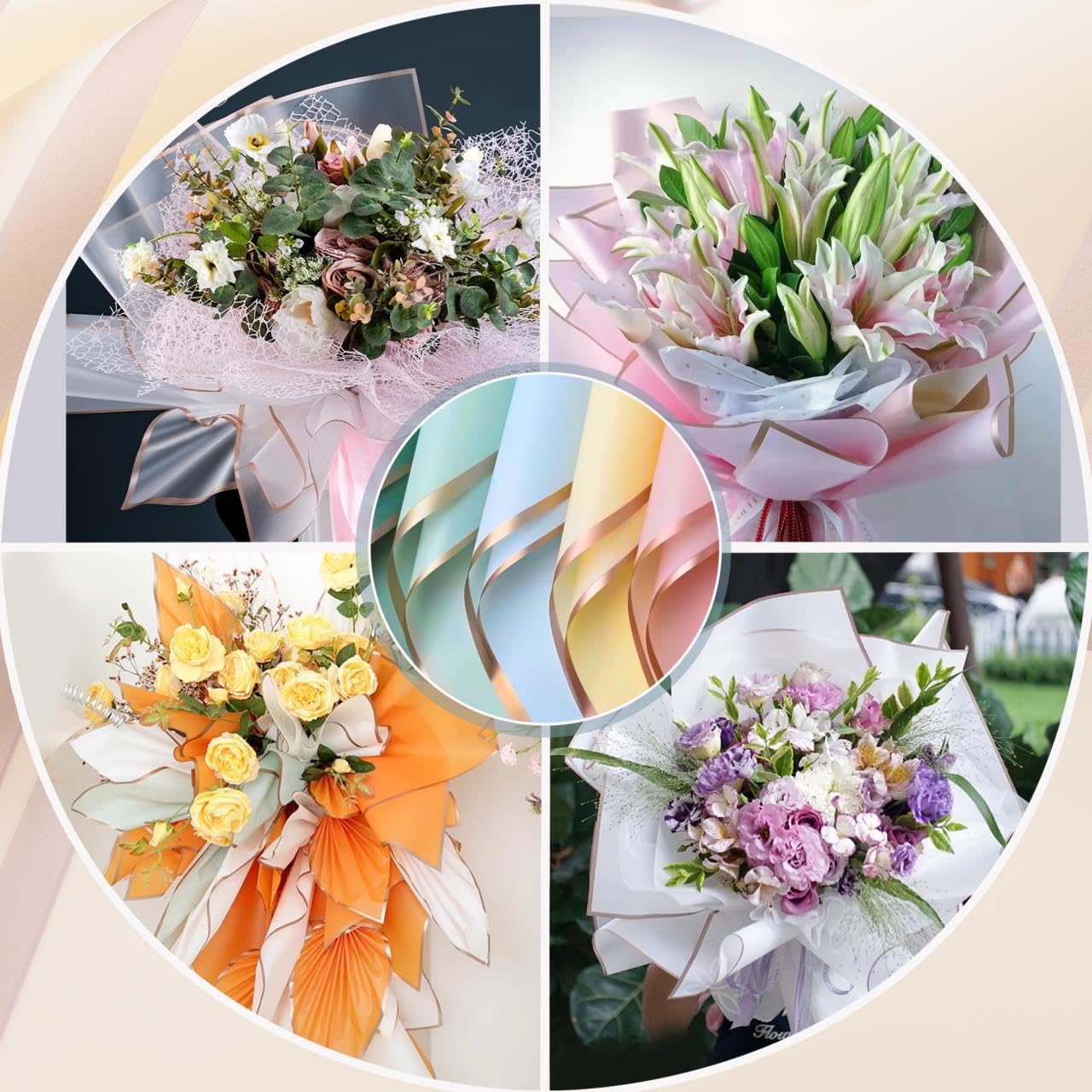 ARIFLOR 20Sheets Golden Edge Waterproof Flower Bouquet Paper - 20408 Plastic Fresh Floral Wrapping Paper, Christmas Gift Packaging, Gift Packaging, DIY Crafts, Florist Bouquet Supplies WN420