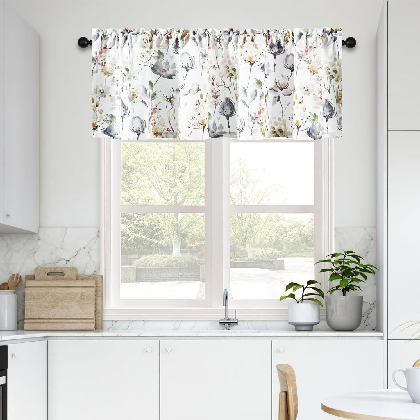 Leeva Farmhouse Kitchen Valances for Windows, Watercolor Blossoming Floral Print Curtains, Soft Faux Linen Curtain Toppers and Valances for Bedroom, 60 x 14 Inch, Brown & Grey, 1 Panel BST220