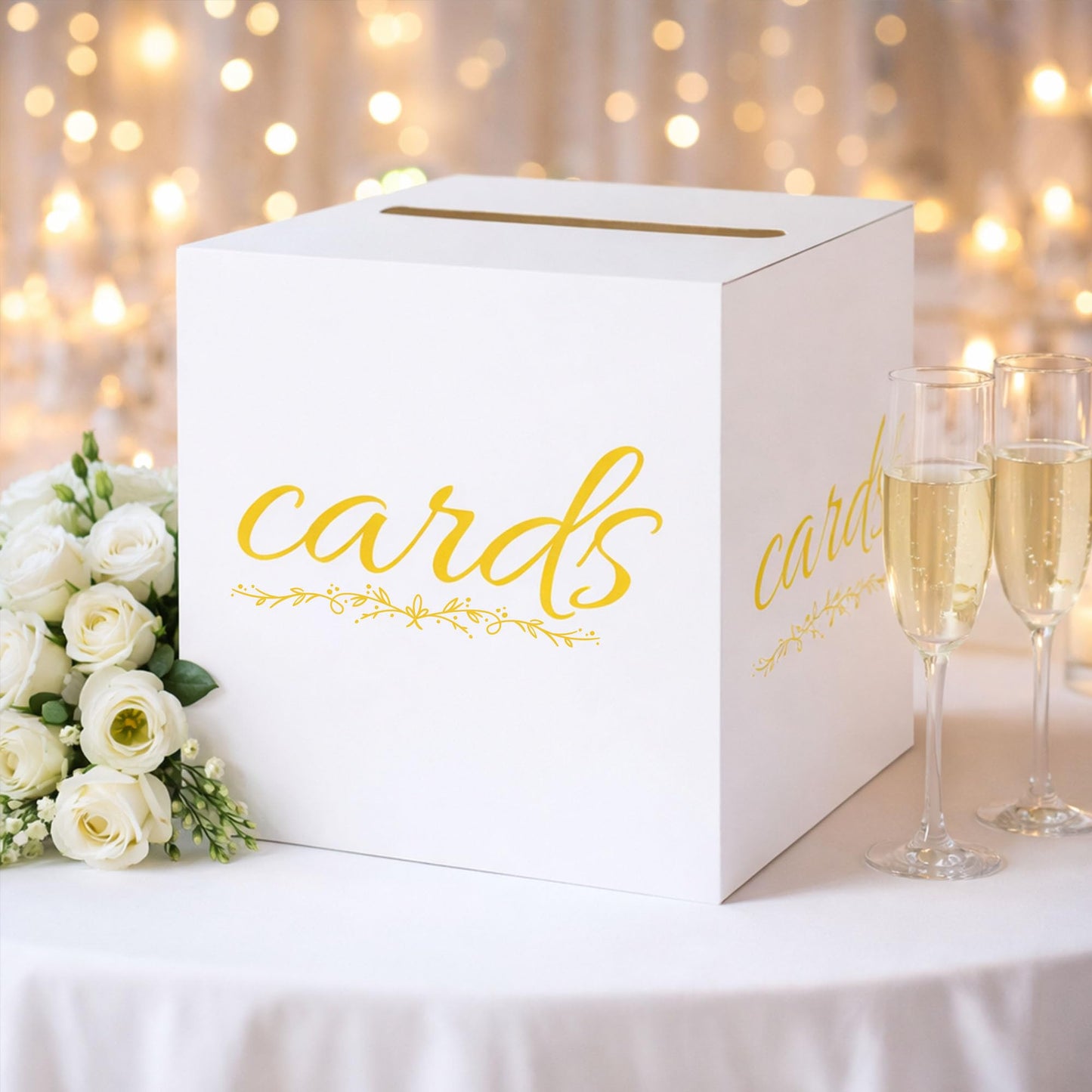 1 Pack White and Gold Wedding Card Box for Party Graduation Bridal Baby Shower Retirement Decorations Cardboard Birthday Card Holder Raffle Ballot Voting Box with Slot 7.8 x 7.8 x 7.8 In BST220