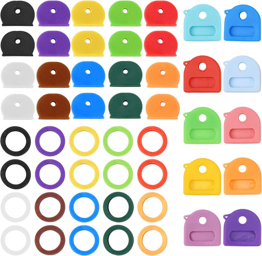 50pcs Key Cap Covers, Silicone Colorful Key Tags Identifiers Protectors with Ring for House Office Labels Tags Universal Fit for Round Square Triangle Types WN420
