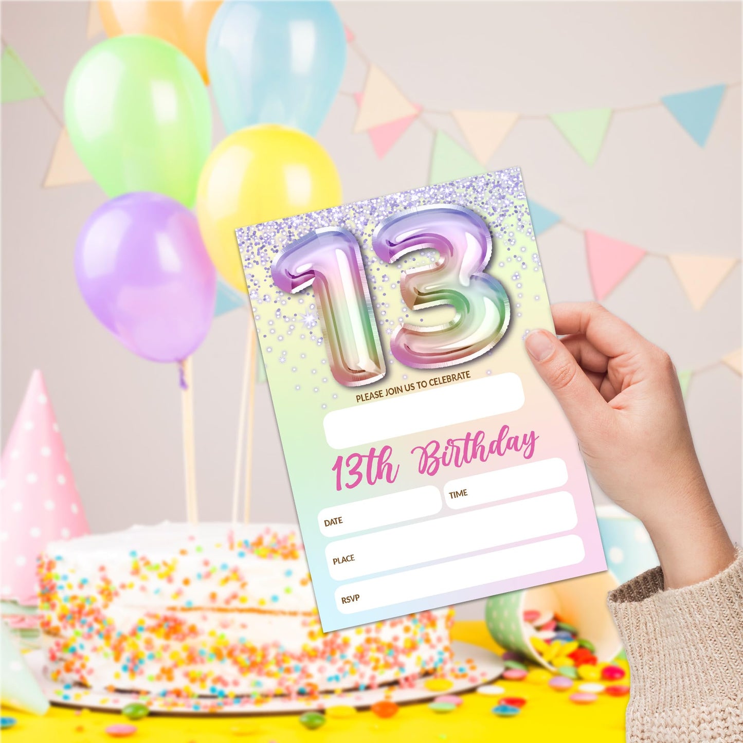 5th Birthday Invitations For Girl,Purple Glitter Birthday Invites, 20 Fill-in Rainbow Balloons Invitation Cards With Envelopes, Fifth Party Decorations 4x6 Inch-D05 WN420