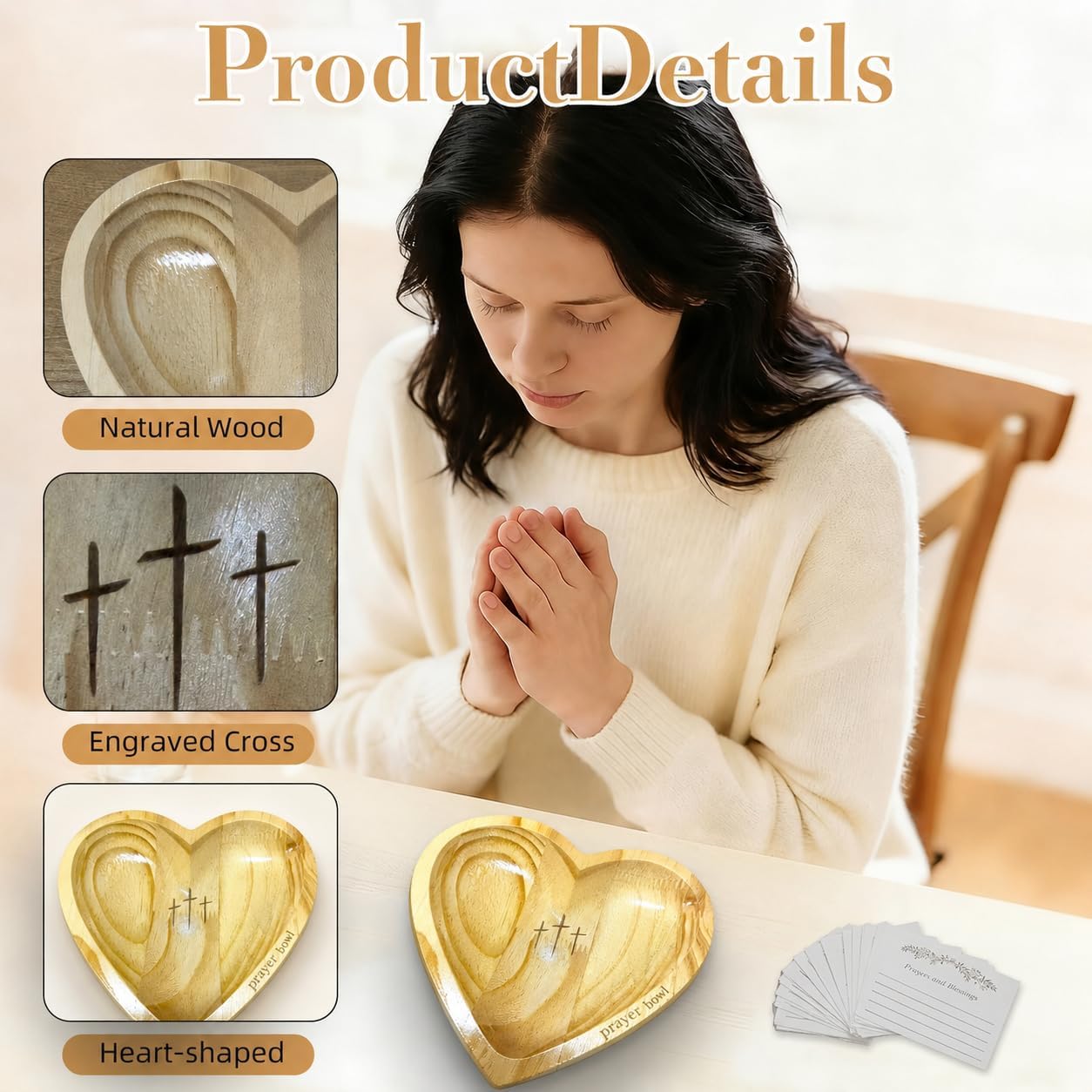 Prayer Bowl Wooden with 24 Prayer Cards,Heart Shaped Decor Prayer Bowl,Religious Gift for Women,Mom, Dad, Daughter or Husband,Christian Easter Gifts for Mom,Men BST220