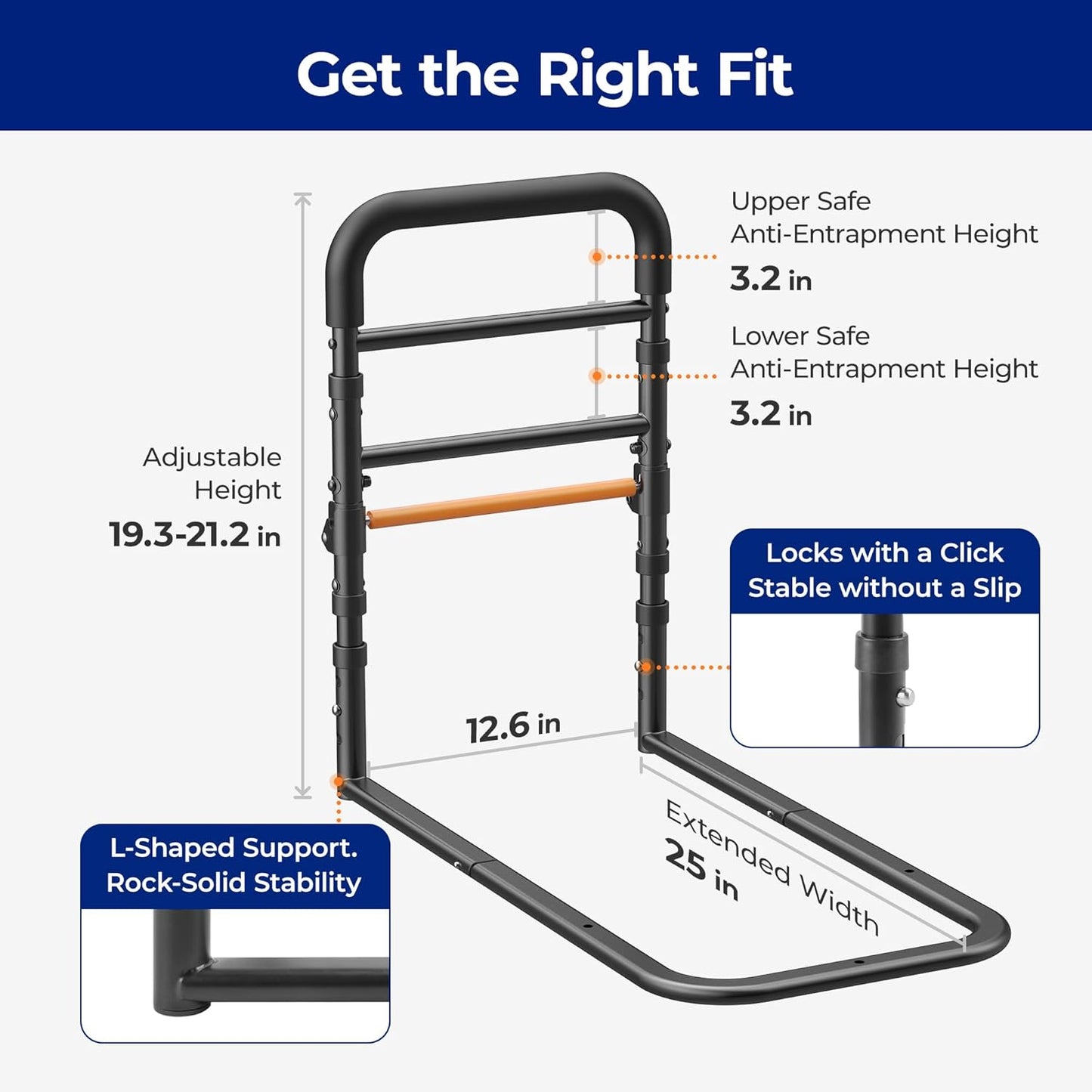 C1 Fold Bed Rails for Elderly Adults Safety - Foldable Bed Assist Rail with Adjustable Height, Tool-Free Folding, Sturdy up to 350 Lbs, Bed Cane Fits King Queen Twin Beds