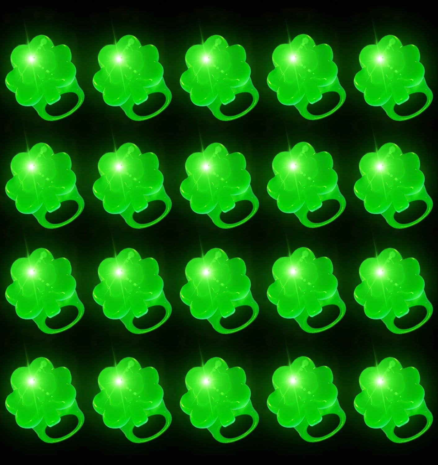 iGeeKid 24 Pack St. Patricks Day Green Shamrocks LED Light Up Ring for Adults St. Patricks Party Accessories Favors LED Finger Lights Glow in The Dark Carnival Party Supplies Gift Toy WN420