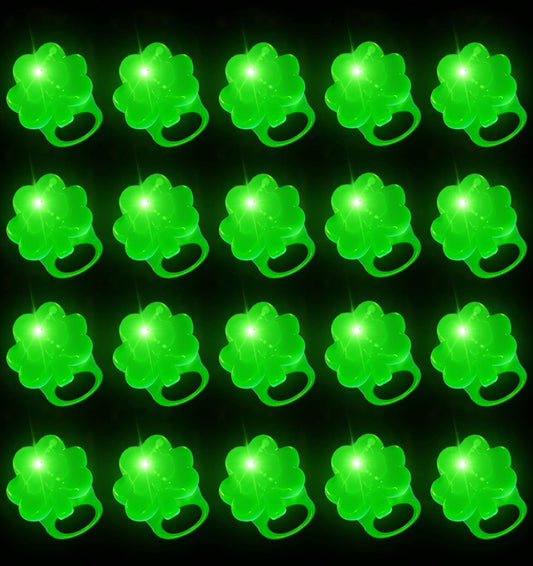 iGeeKid 24 Pack St. Patricks Day Green Shamrocks LED Light Up Ring for Adults St. Patricks Party Accessories Favors LED Finger Lights Glow in The Dark Carnival Party Supplies Gift Toy WN420