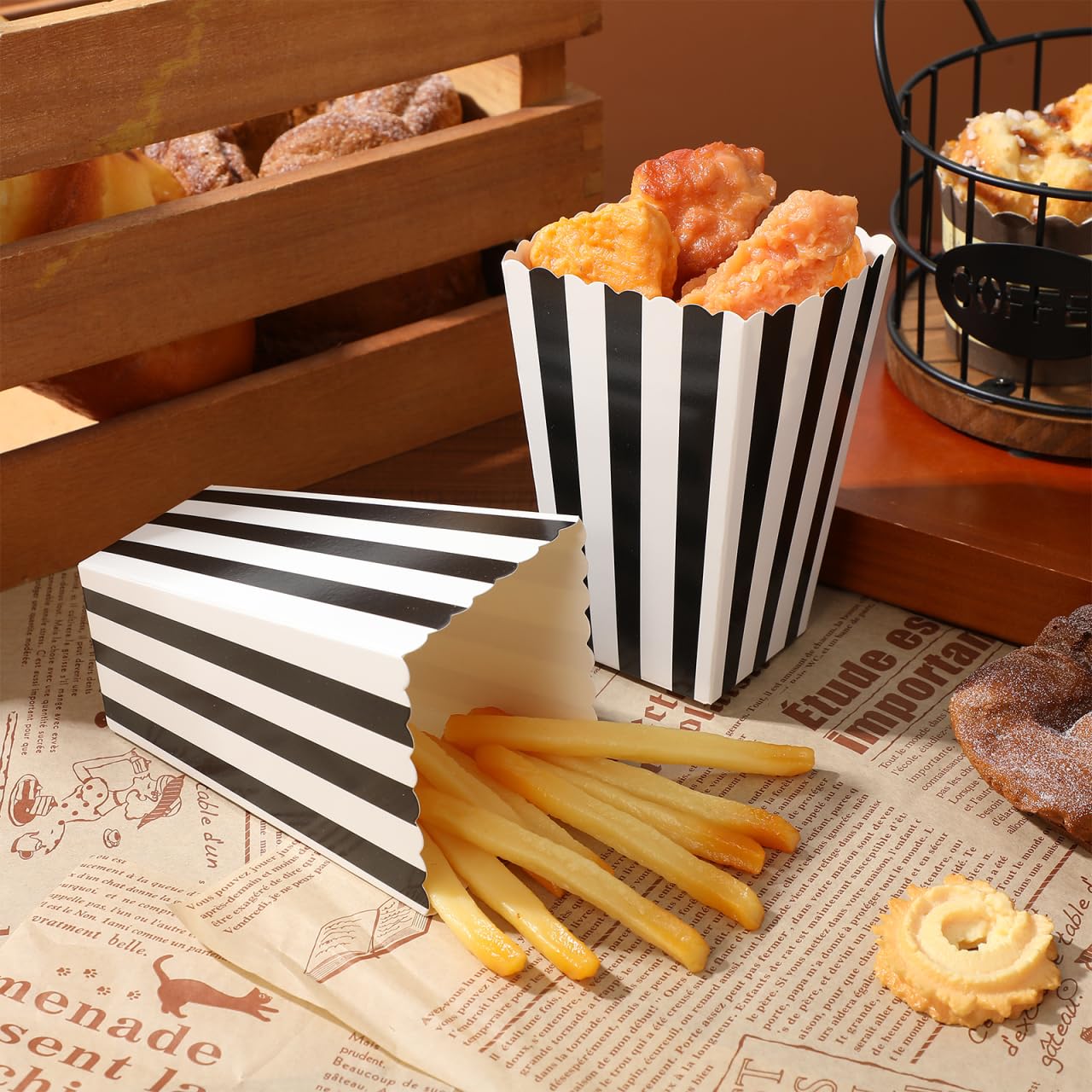 48 Pcs Black Striped Popcorn Boxes 5.51 X 5.51 X 0.19 in Foldable Paper Popcorn Containers for Movie Nights Party Favors Wedding Dessert Tables Candy and Cookie Serving BST202