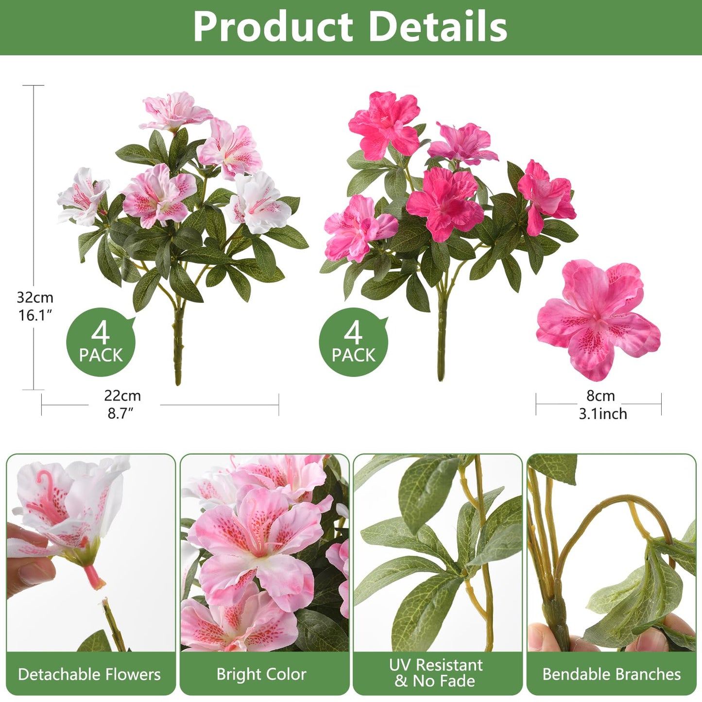 Hommyea Artificial Fake Flowers for Outdoor, 8 Bundles Faux Plants Silk Flowers Spring Decoration UV Resistant No Fade Plastic Flowers for Outside Planters Home Porch Patio Yard Garden Decor WN420