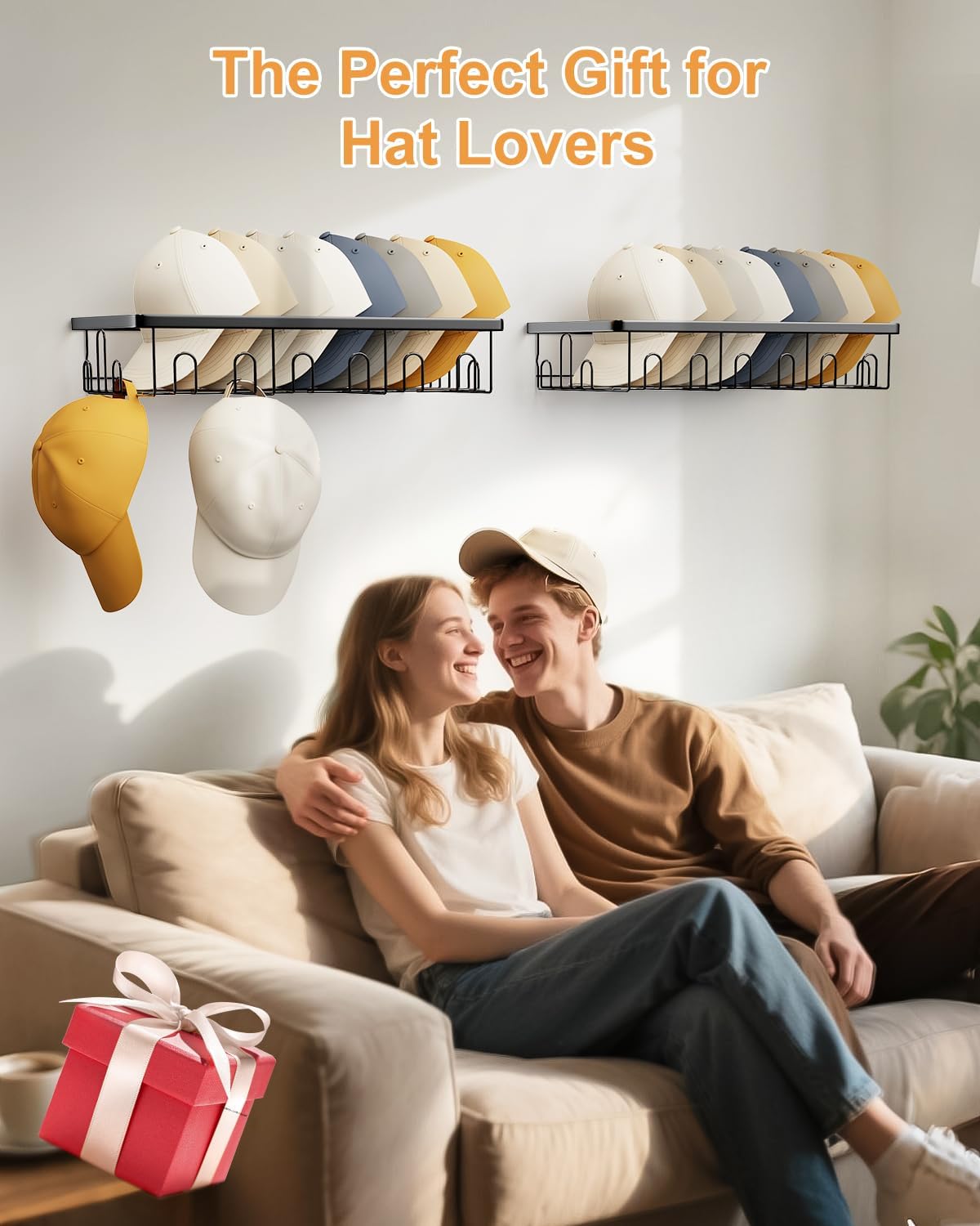 Hat Rack for Wall, 2 Pack Large Hat Organizer with More Hooks, Holds 56 Caps, Metal Wall Mounted Hat Holder for Baseball Caps, Closet Bedroom Kitchen Bathroom, Black WN420