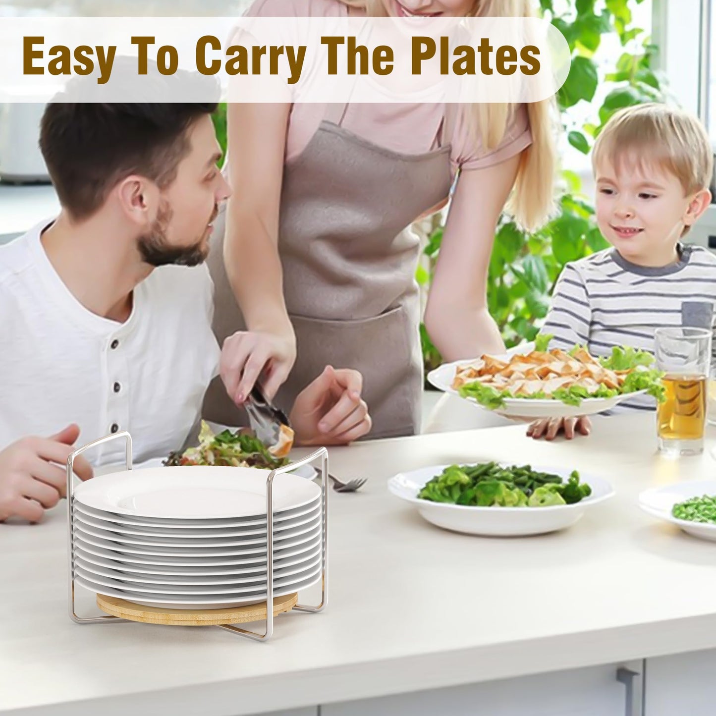Plate Organizer for Kitchen Counter Bamboo Dish Racks for Cabinet Plate Holder for Kitchen Drawer Storage 2 Pack Adjustable for 6.75" to 8.5" Stainless Steel 304 Portable Handle BST220
