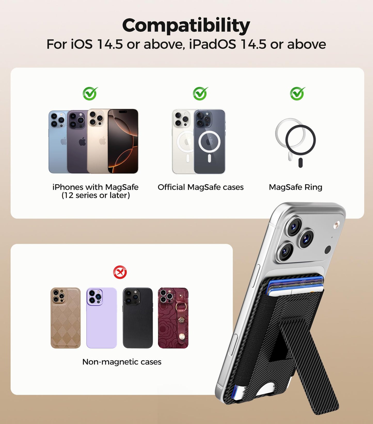 for MagSafe Wallet, Works with Apple Find My, 5-Card RFID Holder with Stand Also Grip, Strong Magnetic Wallet for iPhone 17/16/15/14/13/12 Pro Max Air Plus, Wireless Charging, Brown BST220