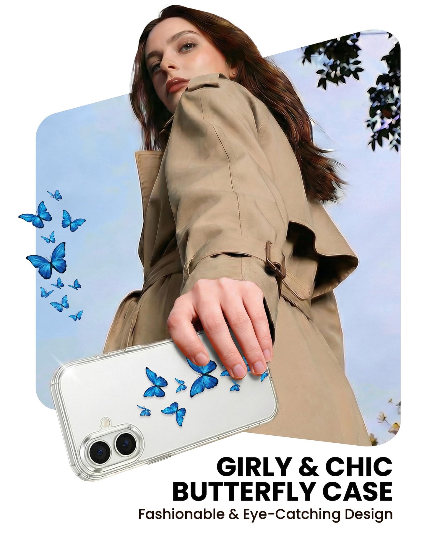 Cute Girly Crystal Clear Case Compatible with iPhone 16 Pro, Camera Control & Shockproof Protection Floral Case for Women, Blue Butterflies WN420