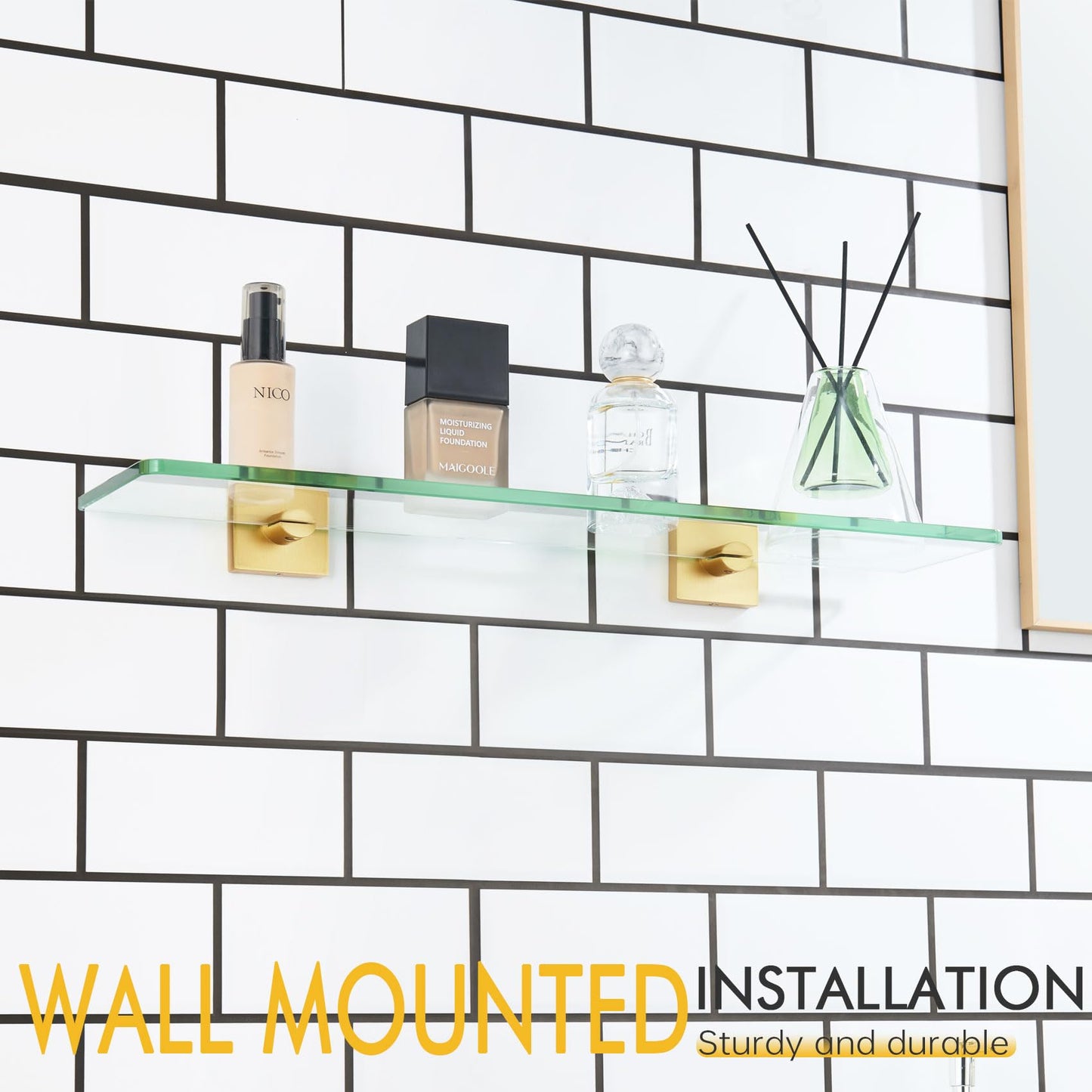 KOKOSIRI Glass Shelf for Bathrooms Floating Shelves Wall Mount 16-Inch for Shower Storage Kitchen Rack, 2 Pack Brushed Stainless Steel B1107BR-L16-P2 BST202
