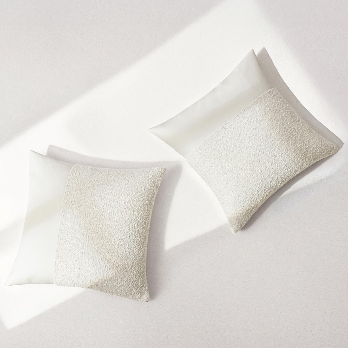 Set of 2 Fluffy Boucle Pillow Covers 18"x18", Oatmeal Textured Throw Pillow Covers with Faux Leather Accents, Boho Decorative Pillow Cases for Couch, Bed, or Farmhouse Home Decor BST220