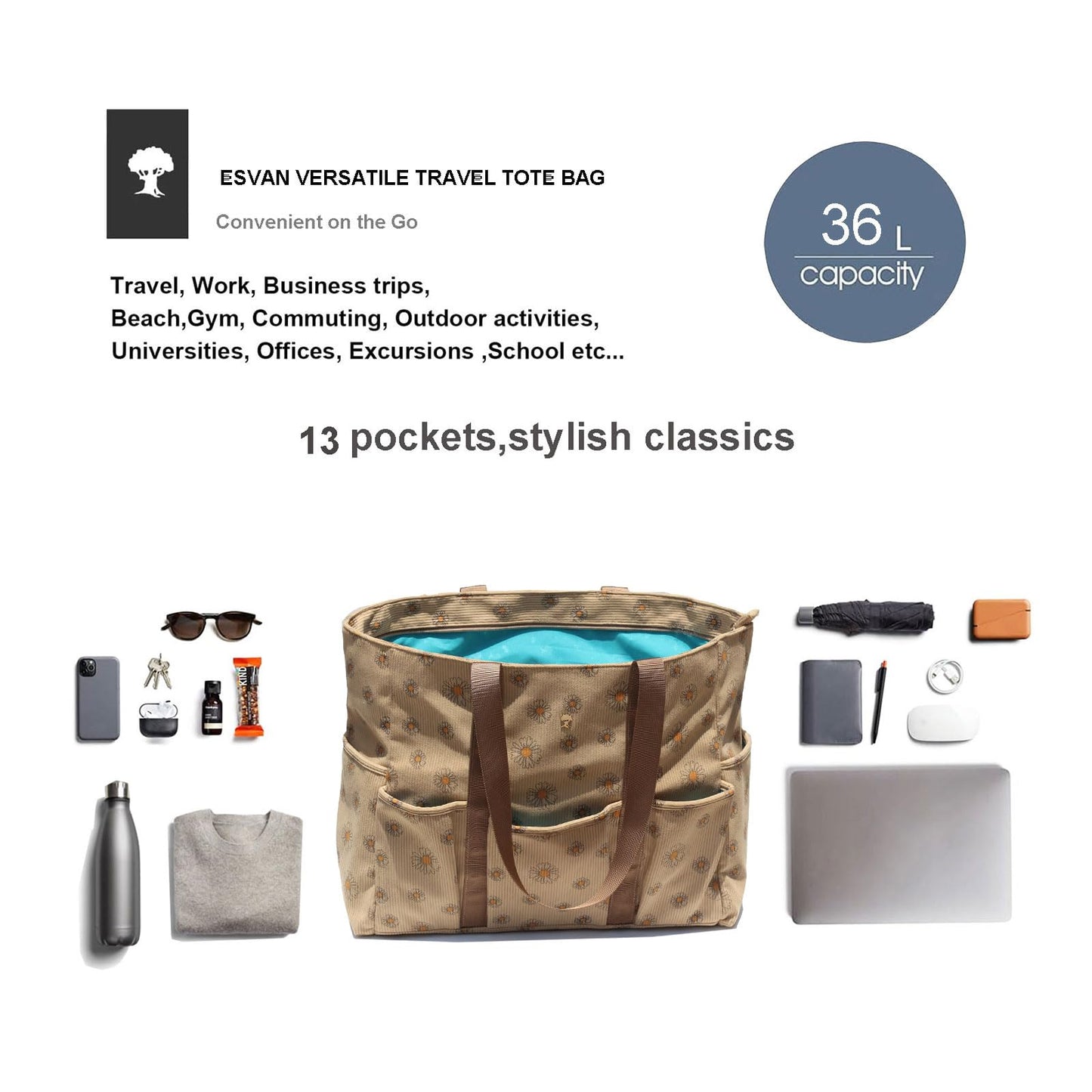 ESVAN Utility Tote Bag Weekender Duffle Bag with 13 Pockets - Perfect for Travel, Work, Gym, Beach, Teachers, and Nurses BST326H