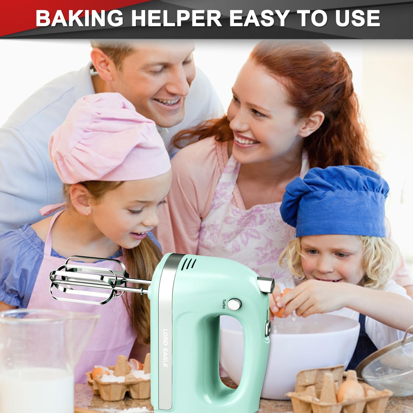 Lord Eagle Hand Mixer Electric Handheld 400W, 5-Speed Lightweight Kitchen Mixer with Storage Case, 5 Stainless Steel Attachments for Baking Cake Egg Cream Food Beater, Turbo+Eject Button, Pink