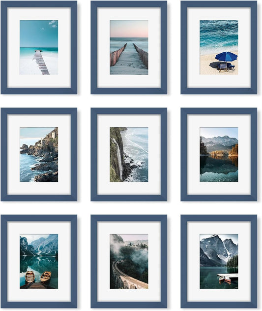 YESKAY 8x10 Picture Frame Set of 9, Display Pictures 5x7 with Mat or 8 x 10 Without Mat, Multi Photo Frames for Wall Mounting or Table Top Display, Blue BST326H