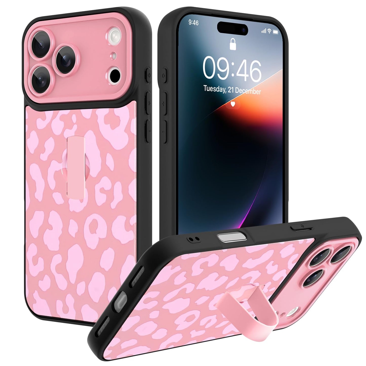 Compatible with iPhone 13 Case, Cute Cheetah Leopard Pattern | Built in Adjustable Wrist Strap Grip Hand Holder Stand Shockproof Kickstand Cover for Women Girls (Black White) WN420