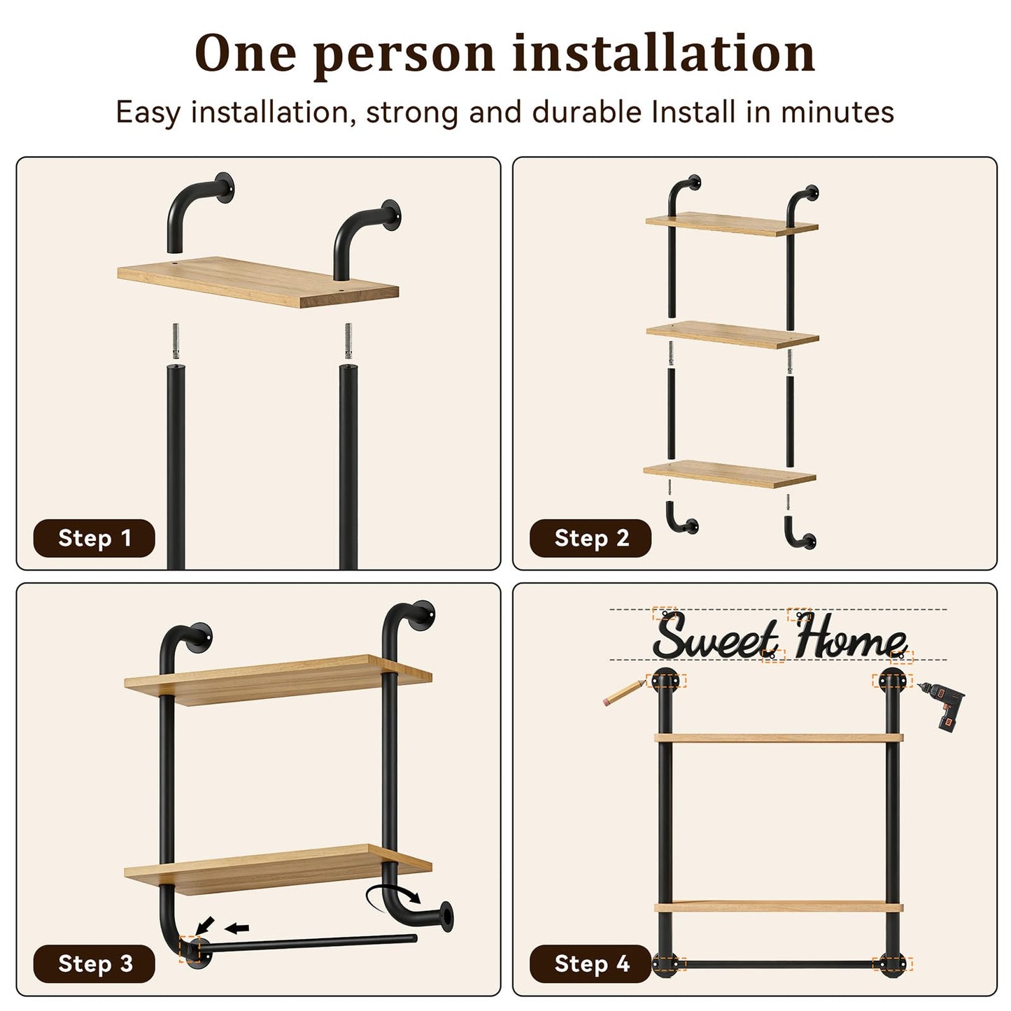 Tinpin Bathroom Shelves Wall Mounted, Rustic Farmhouse Pipe Shelves, Walls Shelf 3-Tier, Industrial Pipe Shelving, Floating Shelf Wall Decor for Bathroom, Kitchen, Bedroom, Living Room 17.3in Black DD1210