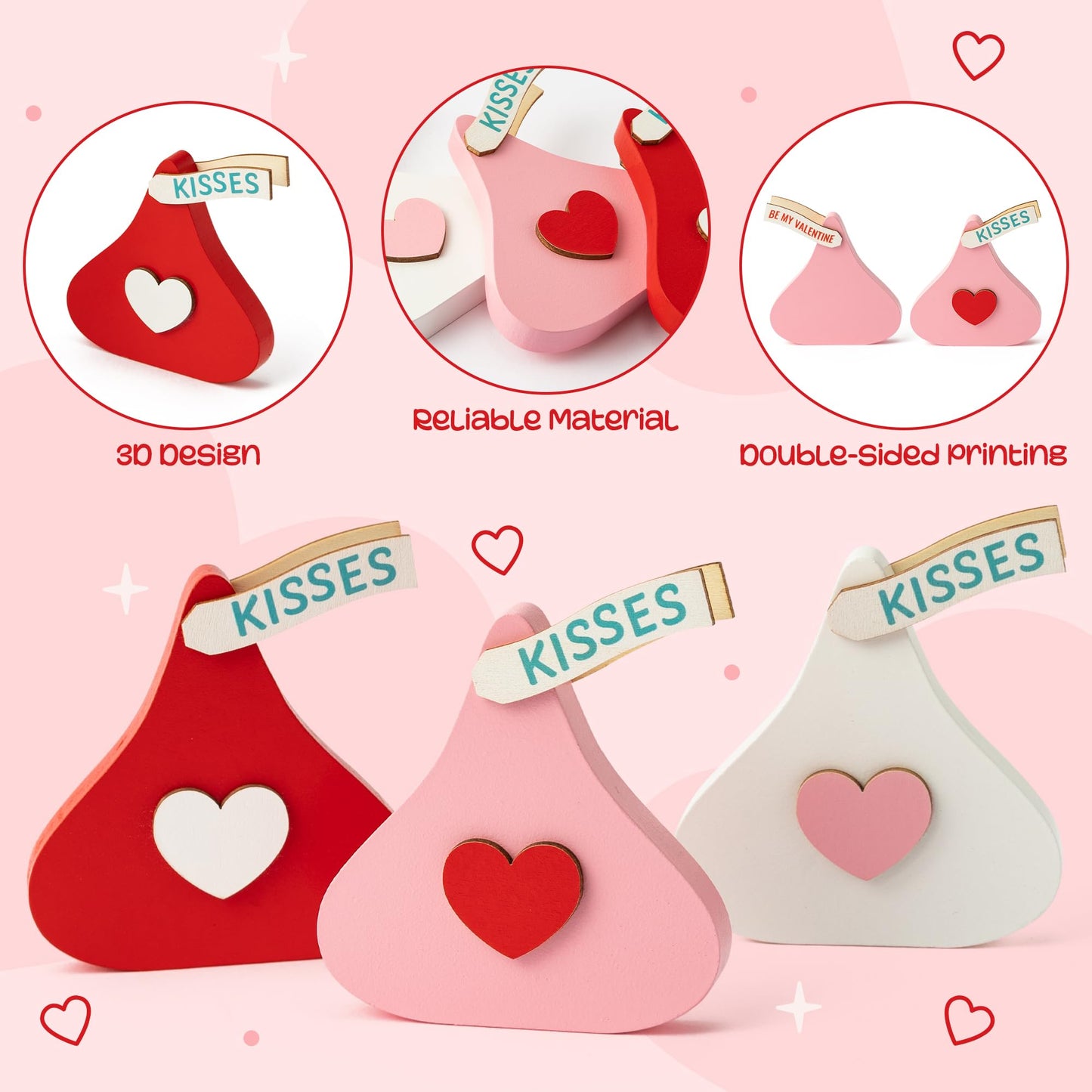 WATINC Valentine Tiered Tray Signs - 3PCS Valentine's Day Kisses Wooden Table Centerpiece Decorations, Sweet Glitter Candy Chocolate Wood Desk Decor, Romantic Tabletop Wedding Farmhouse Party Gifts BST202