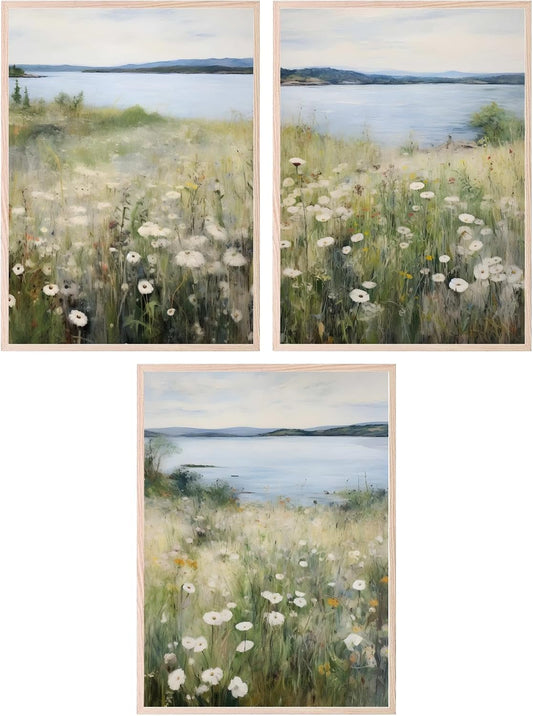 BigWig Prints Wildflower Wall Art - Vintage Floral Wall Decor Featuring Meadow and Lake Views, Rustic Wild Flower Pictures for Living Room or Bedroom - Unframed Set of 3 (12x16) BST220