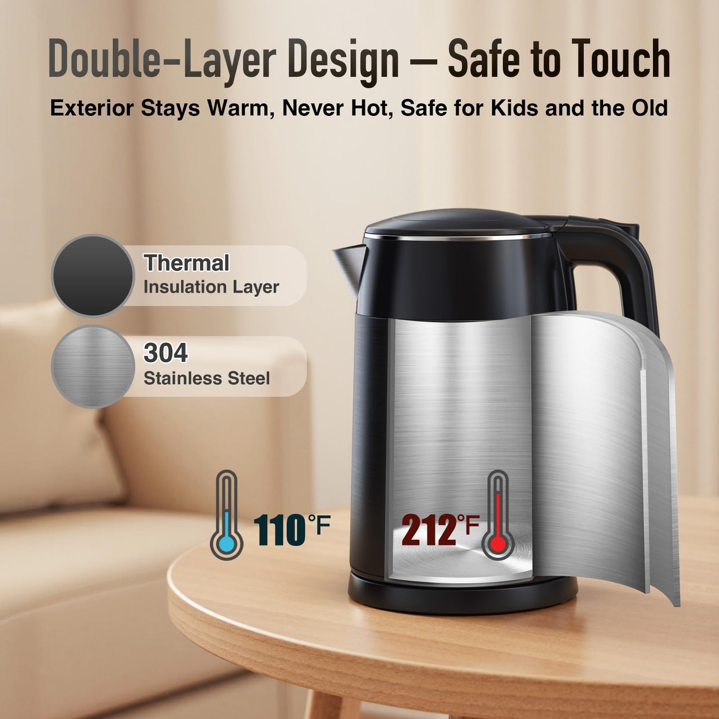 Mecity Electric Kettle 1.7L Touch Screen Temperature Control Water Boiler, No Plastic Contact with Water. 6 Preset Temperature Programs, 2 Hours Keep Warm, Auto Shut Off, Dark Grey DD1210
