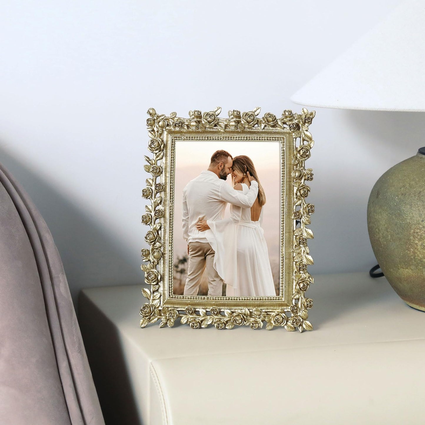 5x7 Wedding Picture Frame Gold,2 Pack Small Frame for Gallery Decor | Durable Resin Material,Tabletop & Wall Display,Real Glass,Rose Floral Design,Antique Brass Finish,Wedding Arrangement Decor BST326H