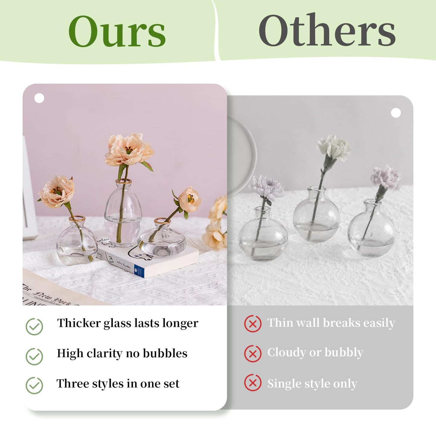 Glasseam Clear Glass Bud Vase, 3Pcs/Set Modern Decorative Small Mini Flowers Vases Short Minimalist Aesthetic Home Decor Vintage Cute Handmade Tiny Wedding Table Centerpieces for Single Flower Rose BST326H