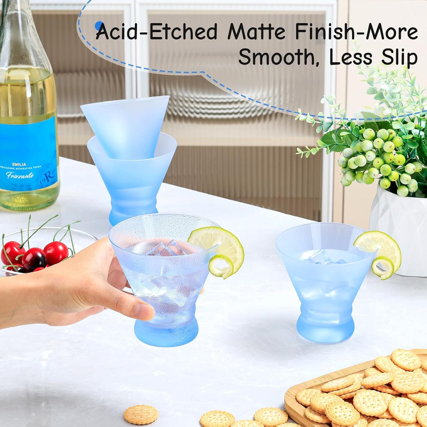 NUTRIUPS 8oz Blue Frosted Stemless Martini Glasses, Matte Finish Fingerprint-Resistant Glassware for Home Bar, Parties & Gifts, 4-Piece Set BST326H