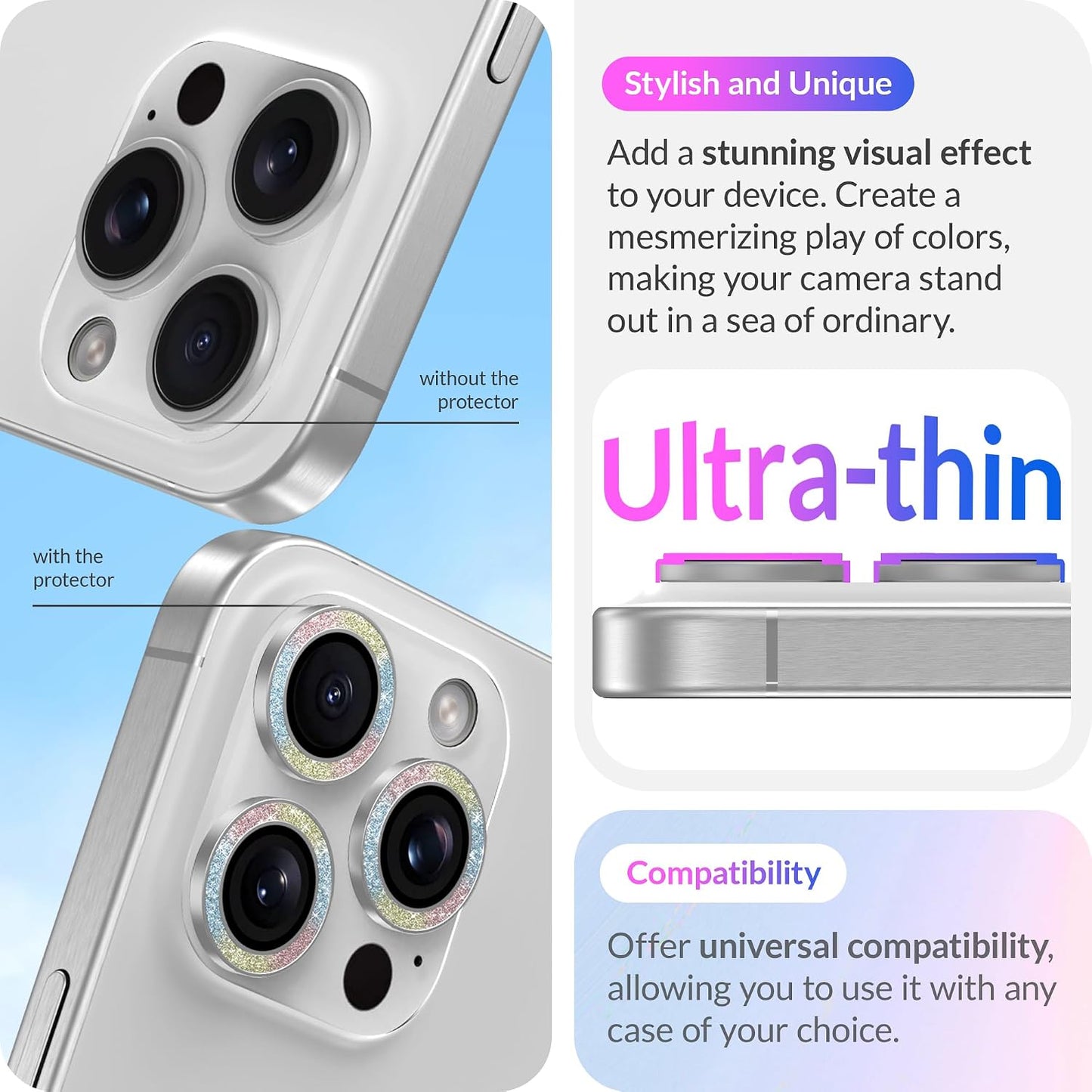 LONLI - for iPhone 16 Pro | 16 Pro Max - Triple Individual Camera Lens Protector - Rainbow Holographic Glitter WN420