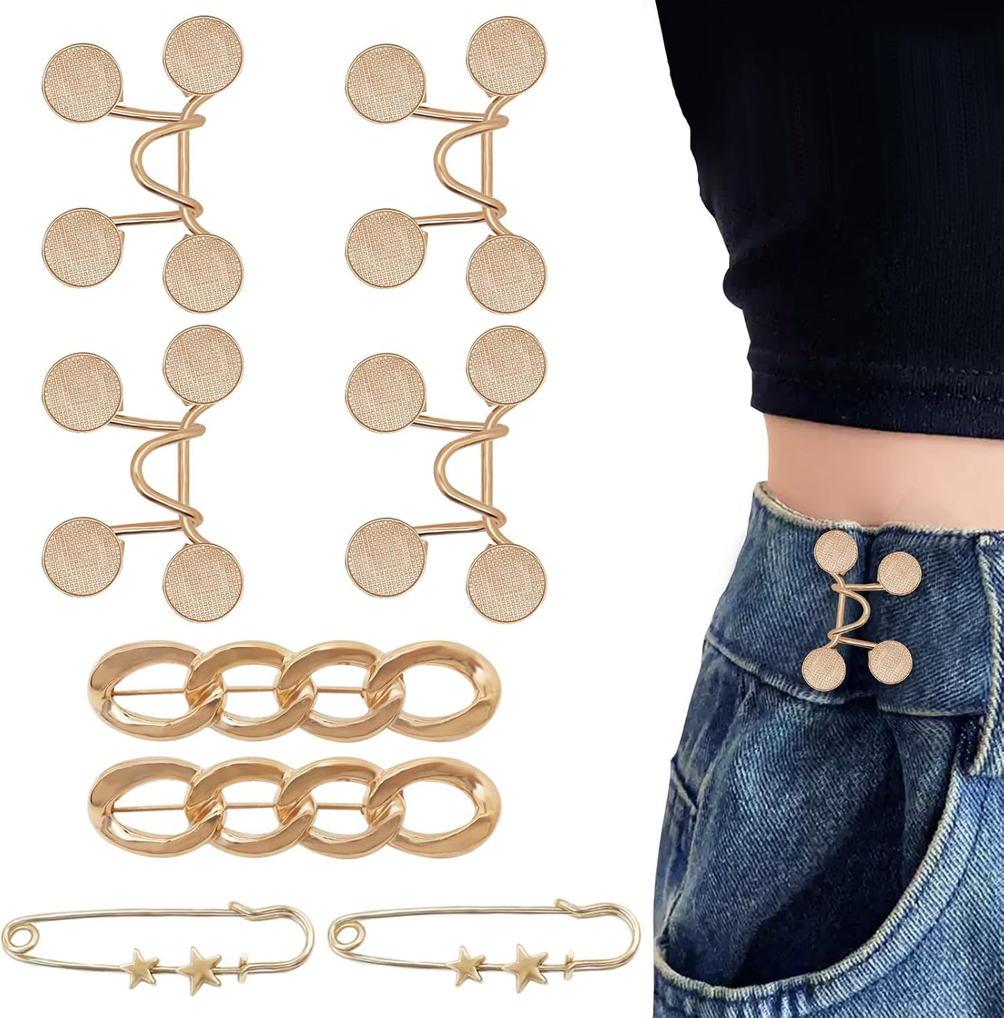 Frutain 8 Set Pant Waist Tightener Buttons Pins for Loose Jeans Gold | Reusable Waist Cincher Pants Clip to Waistband Tightener Metal Star Brooch for Women Clothing Dresses Skirts No Sewing Tools BST326L