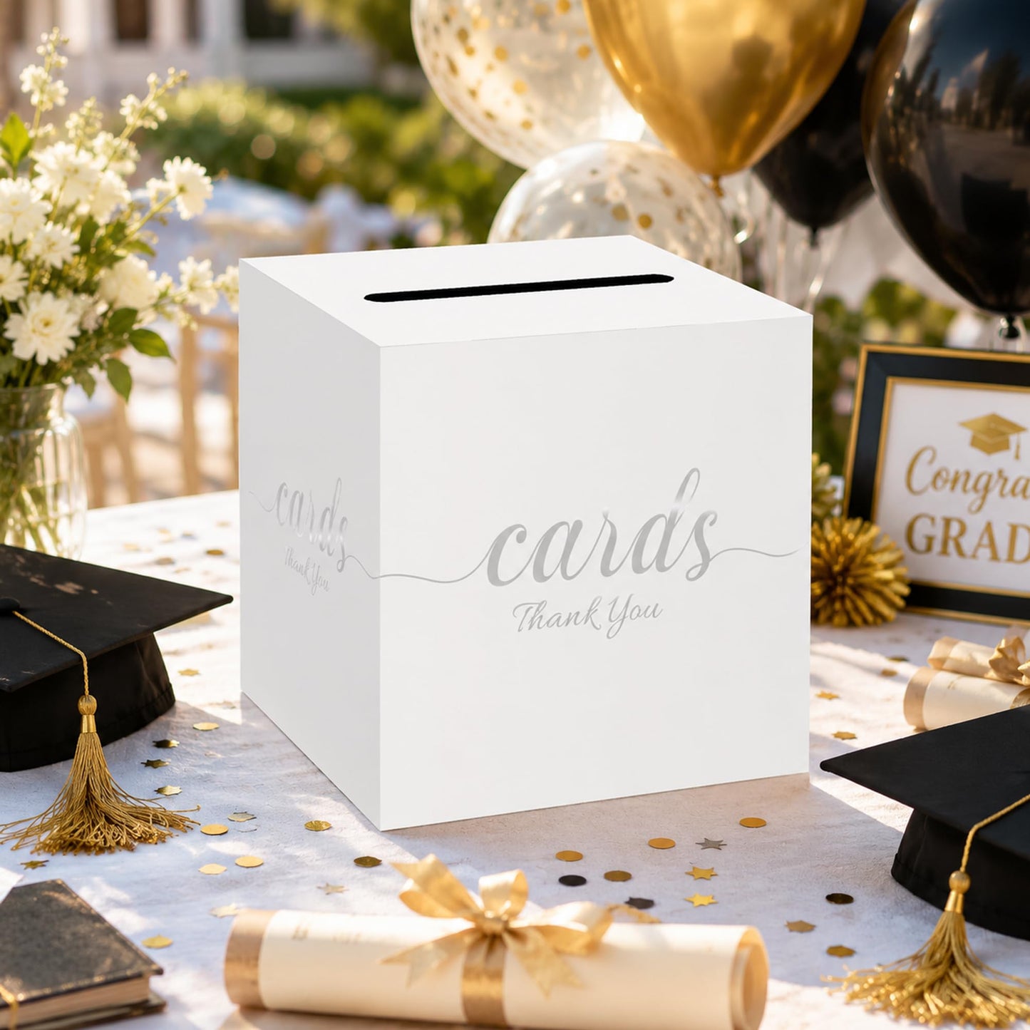 1 Pack White and Gold Wedding Card Box for Party Graduation Bridal Baby Shower Retirement Decorations Cardboard Birthday Card Holder Raffle Ballot Voting Box with Slot 7.8 x 7.8 x 7.8 In BST220