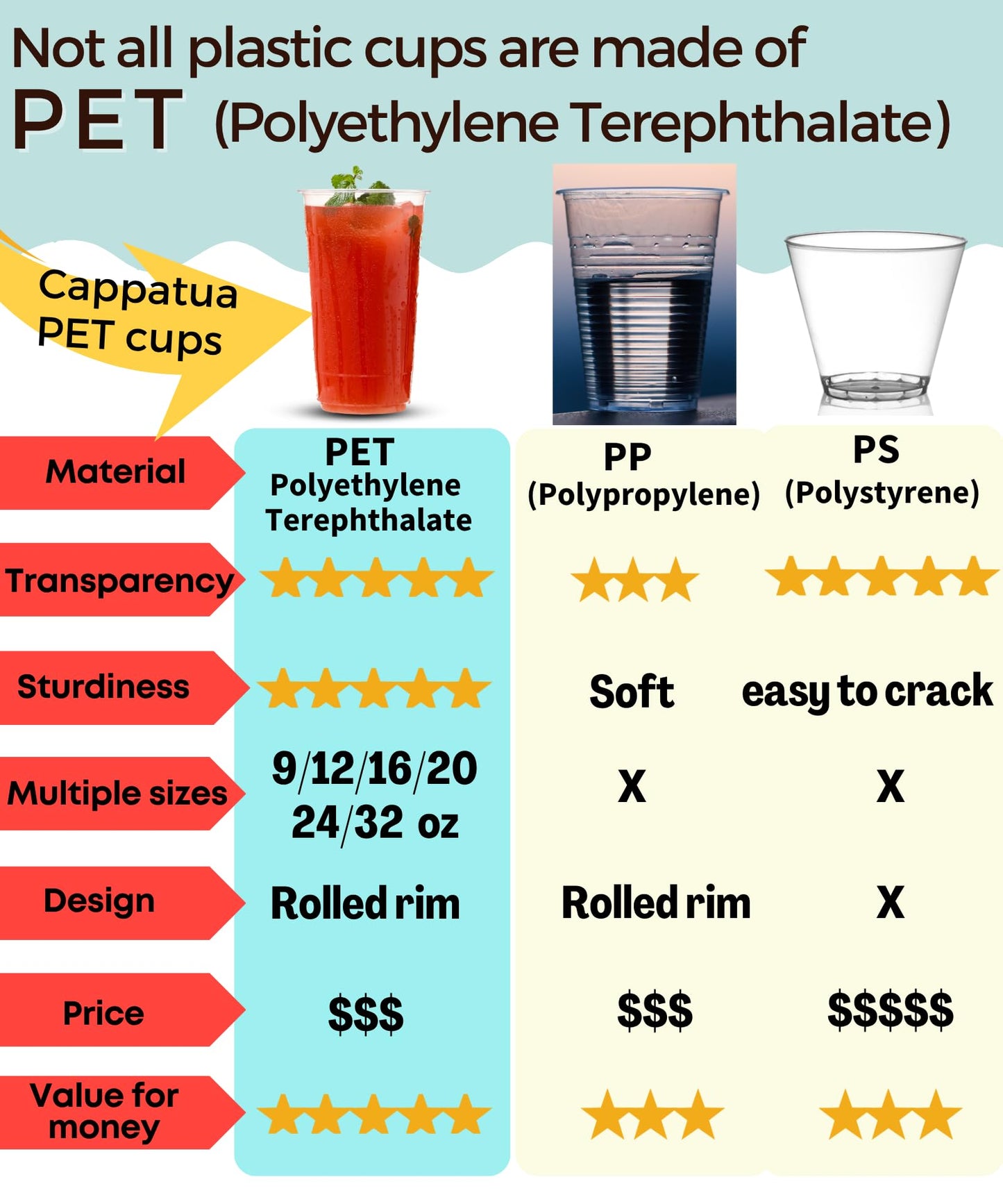 Cappatua 16 oz Clear Plastic Cups 100 Pack – Disposable Drinking Cups for Party, BPA-Free Cold Cups, Recyclable & Durable Plastic Party Cups Tumblers for Iced Coffee, Cocktails, Juice, Wine, Beer BST326H