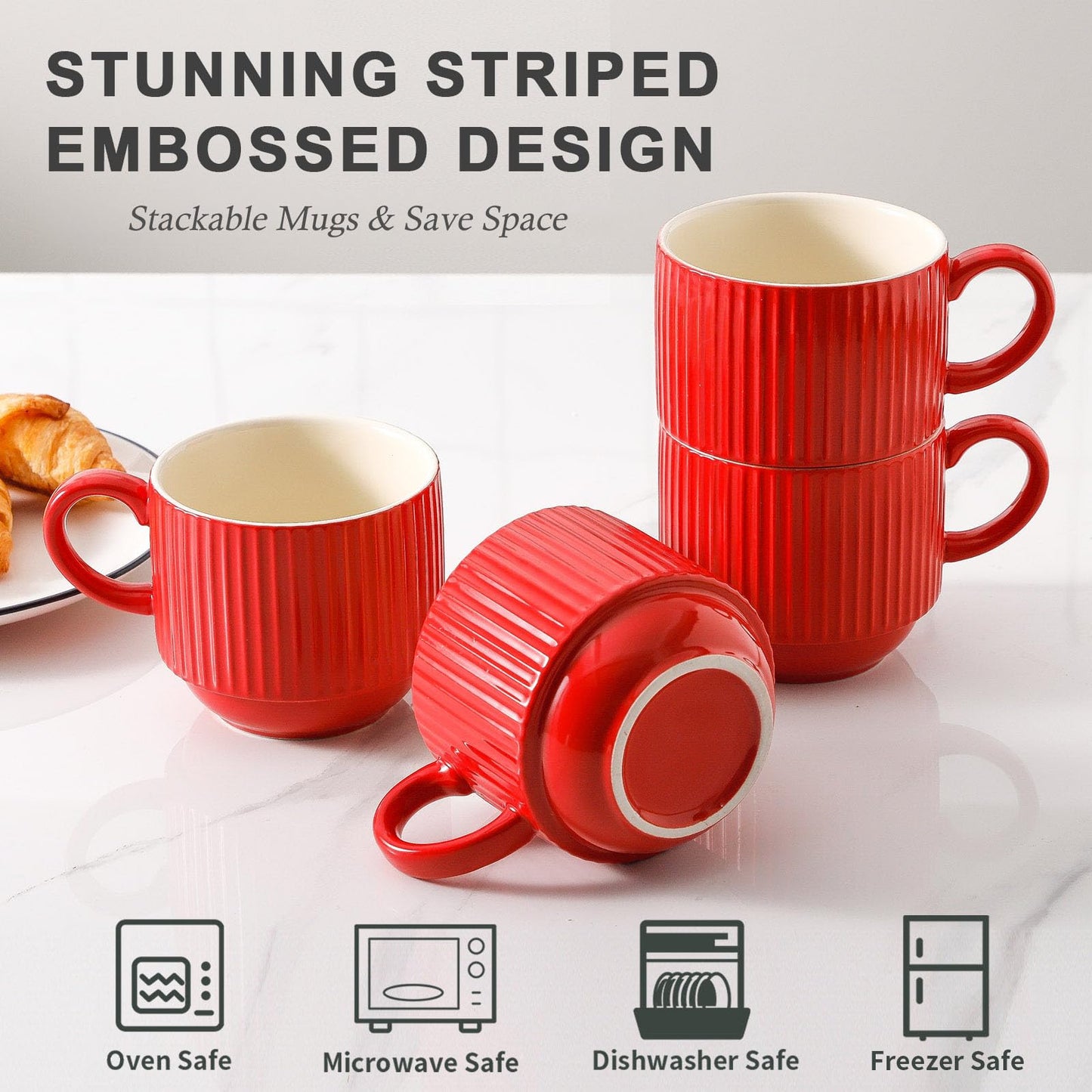 HASENSE 15 oz Ribbed Stackable Coffee Mug Set of 4, Porcelain Latte Cups with Metal Rack, Dishwasher & Microwave Safe, Cappuccino Tea Hot Cocoa, White BST220