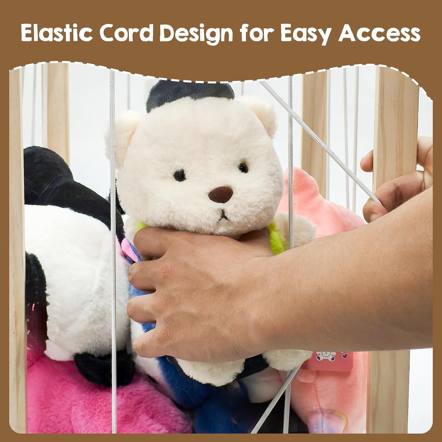 Stuffed Animal Zoo Storage with Wheels, Mobile Wooden Toy Organizer Cage with Elastic Band, Easy Assembly Large Capacity for Nursery Playroom Bedroom BST326H