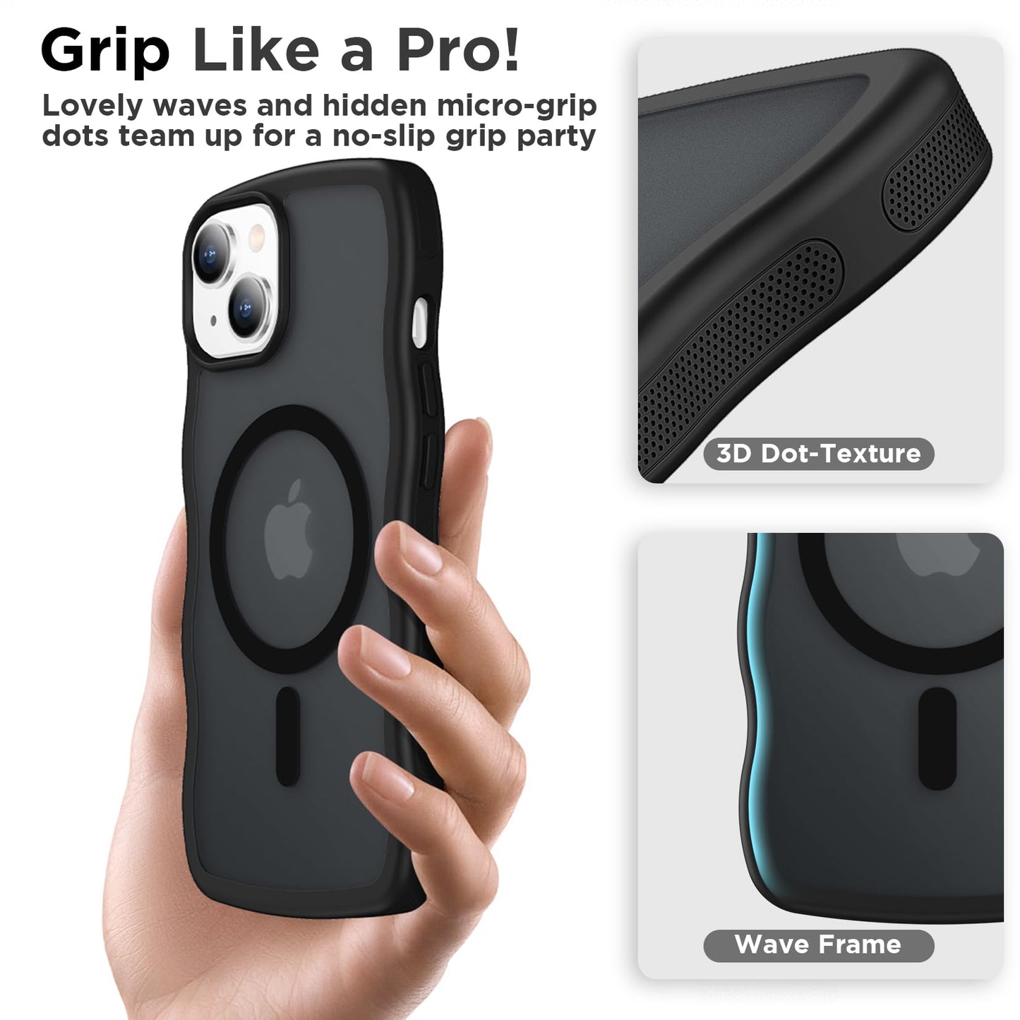 Magnetic for iPhone 13 Pro Case, Compatible with MagSafe Cute Wave Non-Slip Translucent Matte Easier Grip Shockproof Phone Case for iPhone 13 Pro, Black WN420