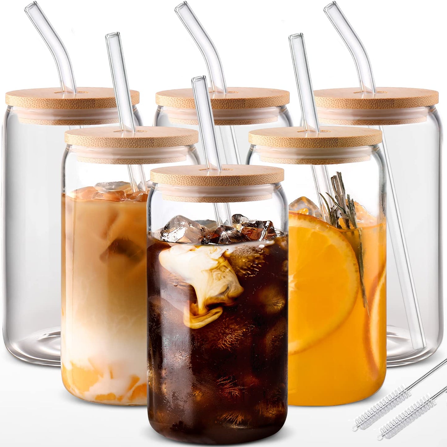 DWTS DANWEITESI Glass Cups “20oz”,Glass Cups with Lids and Straws 4 pcs-Coffee Cups,Drinking Glasses Set,Glass Tumbler with Straw and Lid Gift 2 Cleaning Brushes 600ml BST202