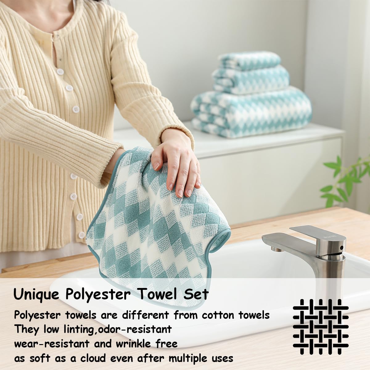 12 Pcs Light Gray Diamond Towel Set-4 Bath Towels,4 Hand Towels,4 Washcloths Soft Polyester Towels with Loop Absorbent Shower Towel Quick Dry Beach Chair Towel Family Towels for Bathroom Spa Gym Pool BST220
