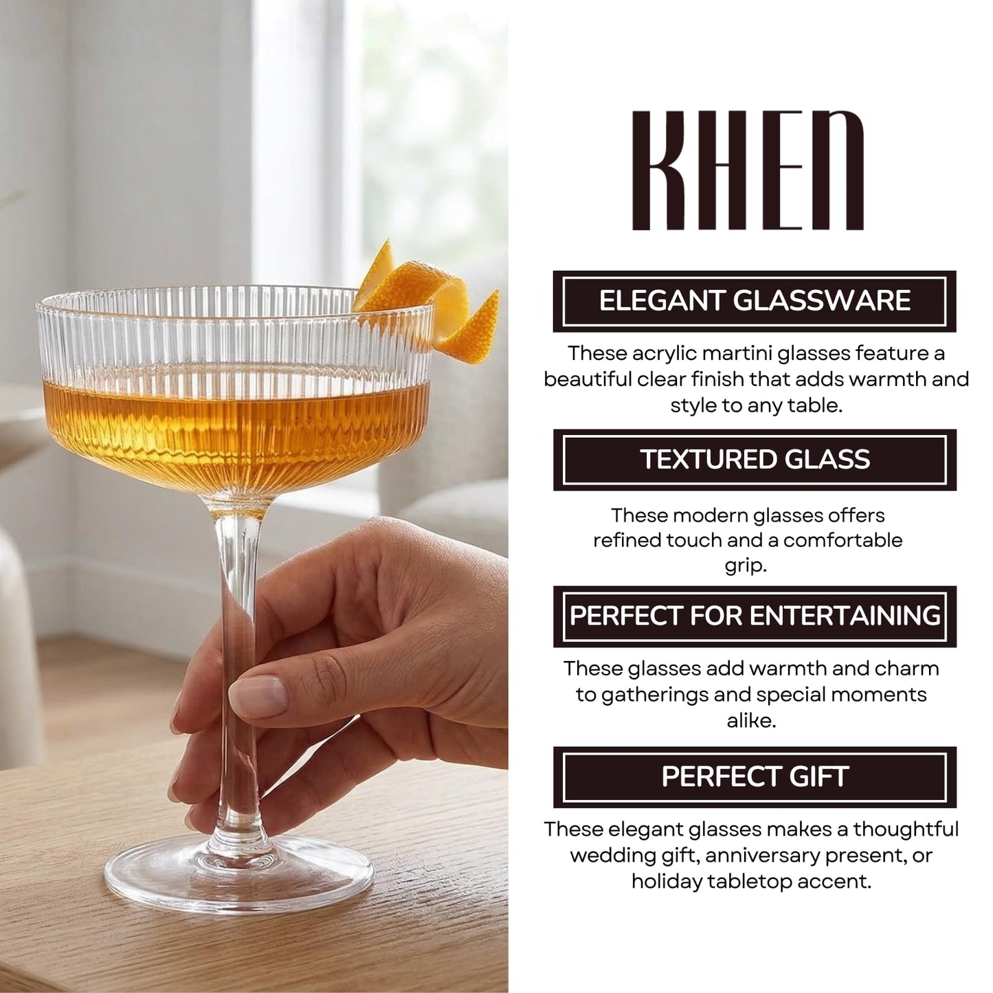 Khen Pink Peach Acrylic Ribbed Coupe Martini Champagne Cocktail Glasses, Set of 4, 8 oz Shatterproof Ripple Stemware European Style Reusable Drinkware Goblets, Indoor Outdoor Parties Weddings Bar Gift BST220