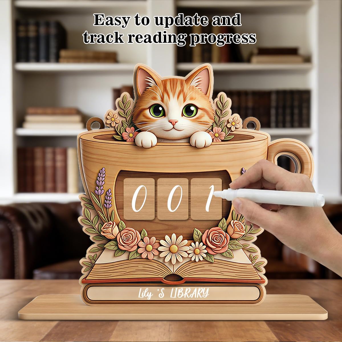 Personalized Book Counter Tracker Bookshelf Cat Decor Mother's Day Birthday Gifts for Women Librarian Bookish Gift for Readers Cat Lover Women Bookish Gifts Accessories for Book Lovers BST202